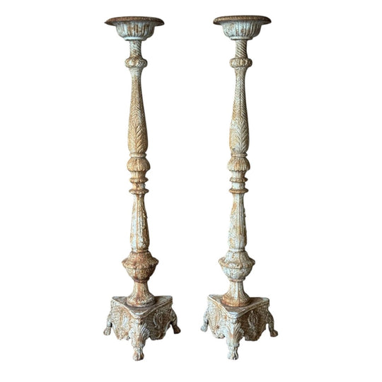 Monumental Antique Pair of French Cast Iron Pricket Candlesticks