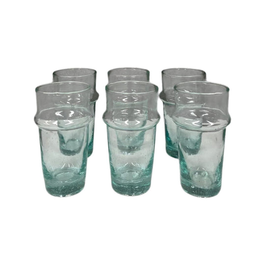 Moroccan Hand-Blown Tea Glasses in Recycled Aqua Glass – Set of Six
