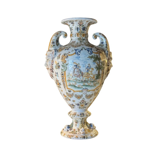 Moustiers Faience Urn, France, c.1745 — Polychrome-Painted Earthenware with Hunting Scenes, Mascaron Handles and Stylised Dolphin Pedestal
