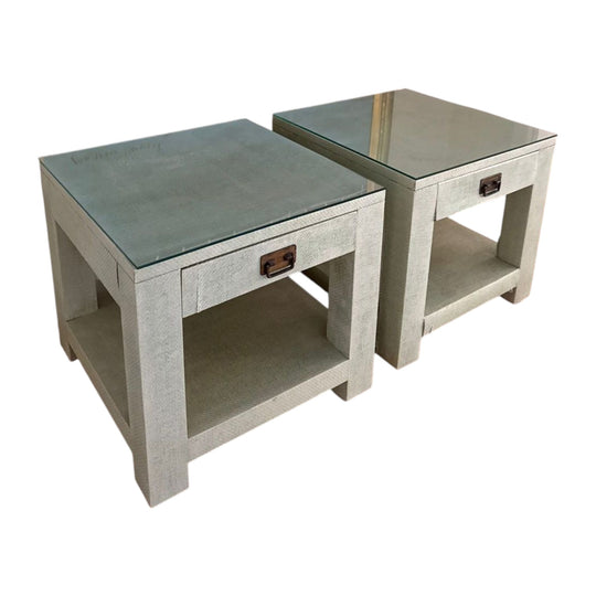 Bedside Tables Pair Designer Grasscloth Side Tables Glass Top Storage Drawer