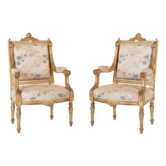 A Pair of Louis XVI Style Giltwood Fauteuils, French, Late 19th Century (2 Pairs Available)