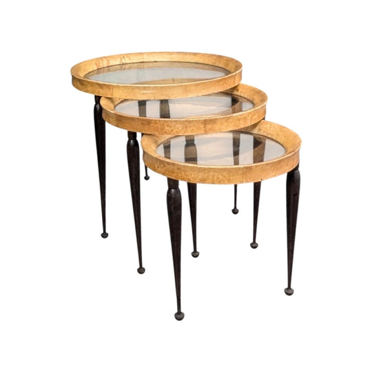Nest of Three Italian Goatskin and Glass Nesting Tables in the Manner of Aldo Tura Circa 1950s