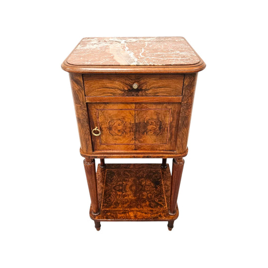 French Figured Walnut Marble Top Bedside
