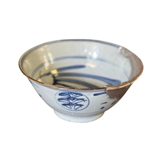 Antique Handpainted Oriental Bowl with Silver Kintsugi Repair