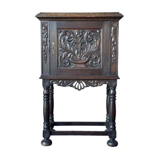 Antique Danish Carved Oak Upright Side Cabinet on Turned Legs