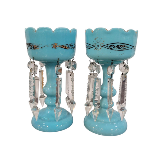 Pair of Blue Opaline Glass Victorian Lustre Vases