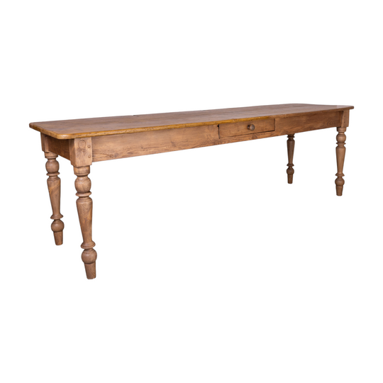 Beautiful Antique French Dining Table in a blonde French Pine with turned legs and central drawer from a chateau near Annecy