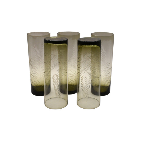 Olive green Tom Collins etched tumblers. Set of 5