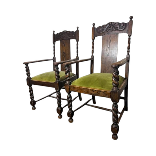 A pair of Antique solid timber chair excellent condition green velvet