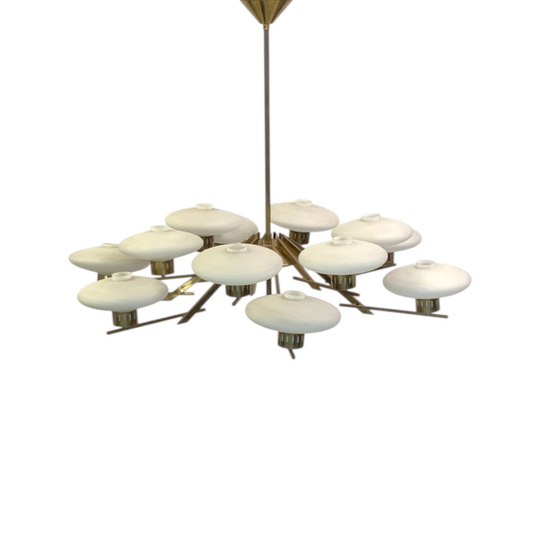 1970s Stilnovo 12 Shade Brass Chandelier. Italy