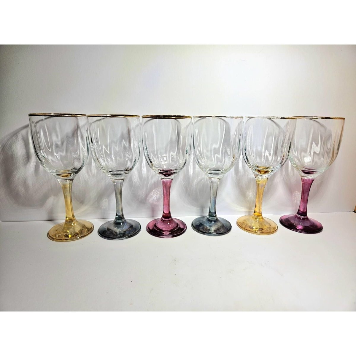 Optic Ribbed Wine Glasses with gold rims and colored Stems, Set of 6 | Bazaa | Designer, Vintage and Antique Furniture