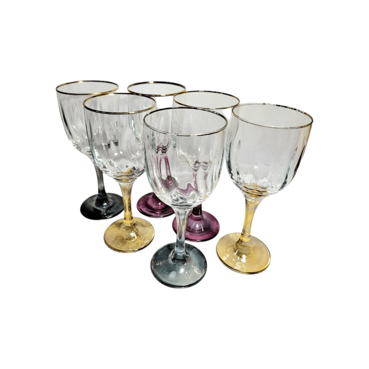 Optic Ribbed Wine Glasses with gold rims and colored Stems, Set of 6 | Bazaa | Designer, Vintage and Antique Furniture