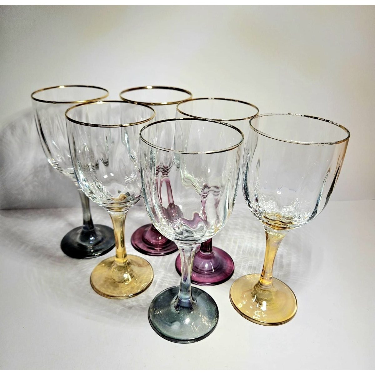 Optic Ribbed Wine Glasses with gold rims and colored Stems, Set of 6 | Bazaa | Designer, Vintage and Antique Furniture