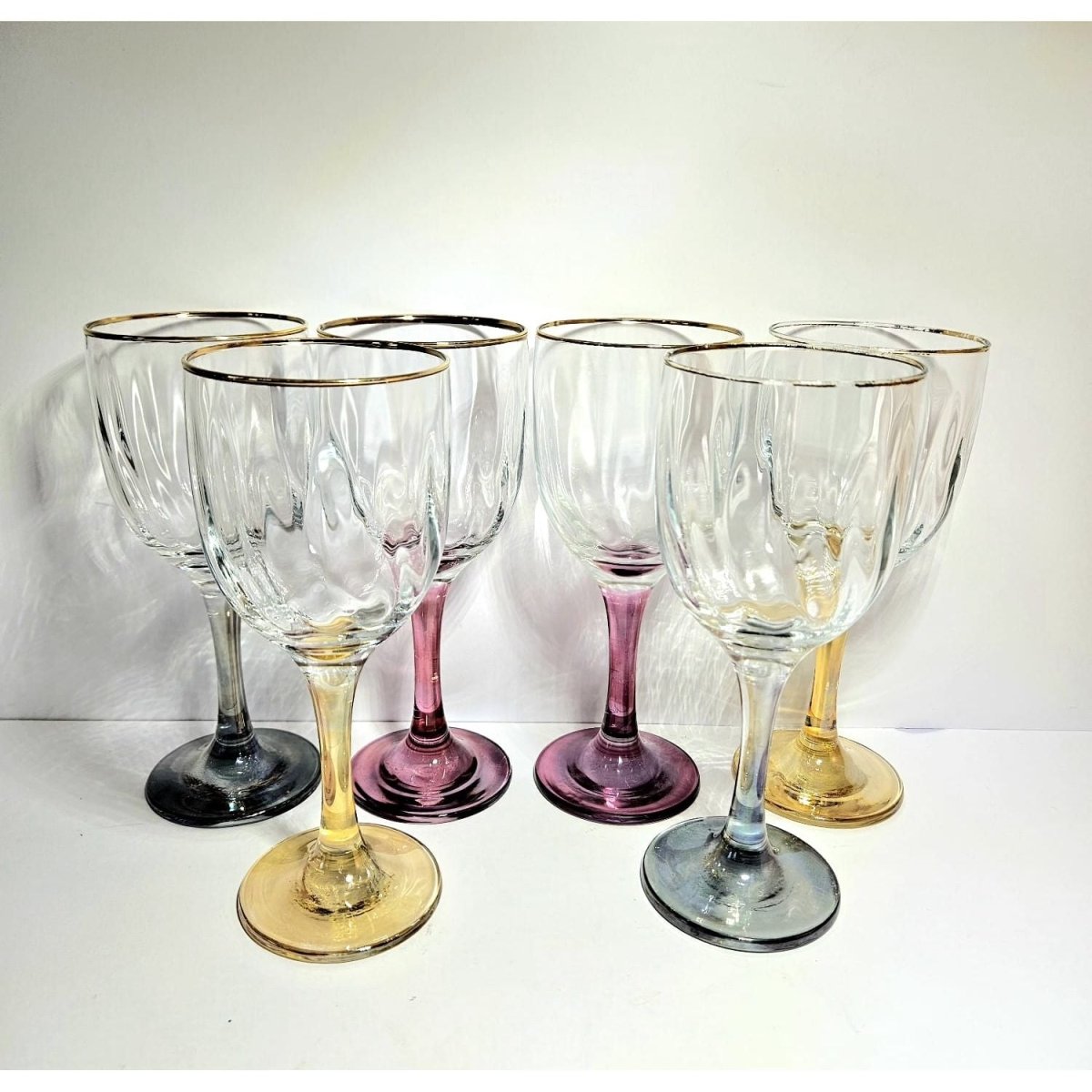 Optic Ribbed Wine Glasses with gold rims and colored Stems, Set of 6 | Bazaa | Designer, Vintage and Antique Furniture