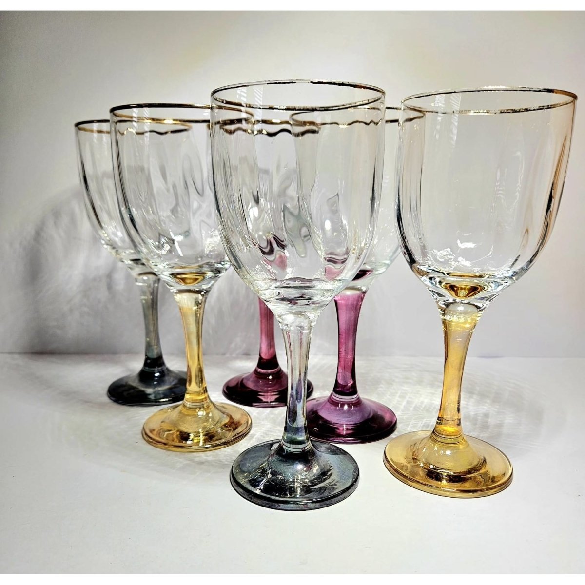 Optic Ribbed Wine Glasses with gold rims and colored Stems, Set of 6 | Bazaa | Designer, Vintage and Antique Furniture