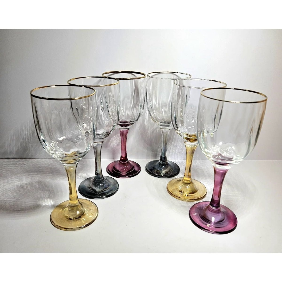 Optic Ribbed Wine Glasses with gold rims and colored Stems, Set of 6 | Bazaa | Designer, Vintage and Antique Furniture