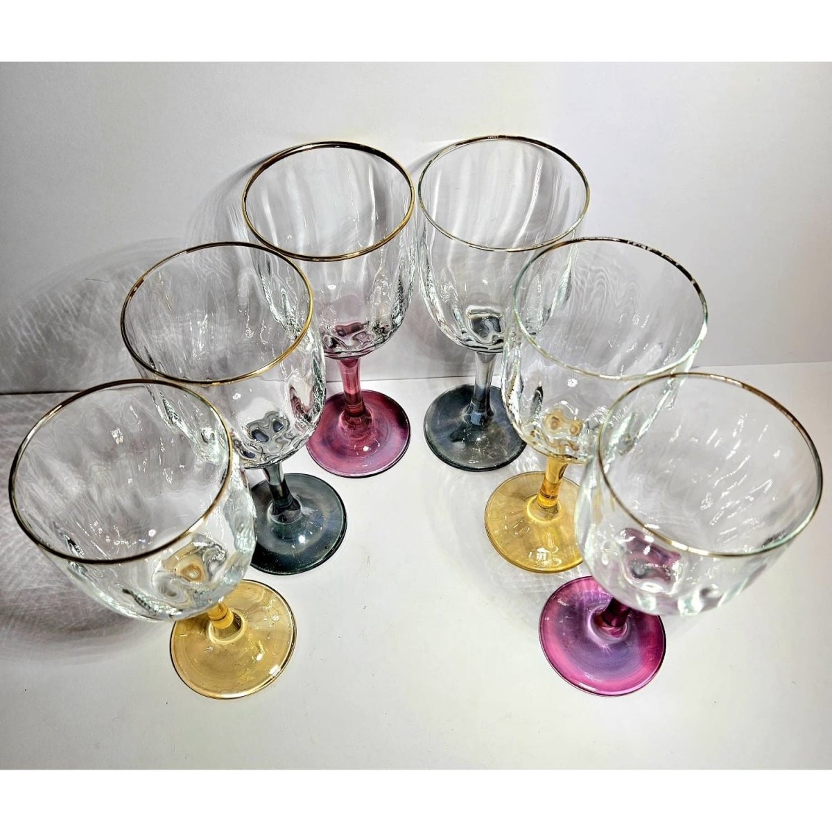 Optic Ribbed Wine Glasses with gold rims and colored Stems, Set of 6 | Bazaa | Designer, Vintage and Antique Furniture