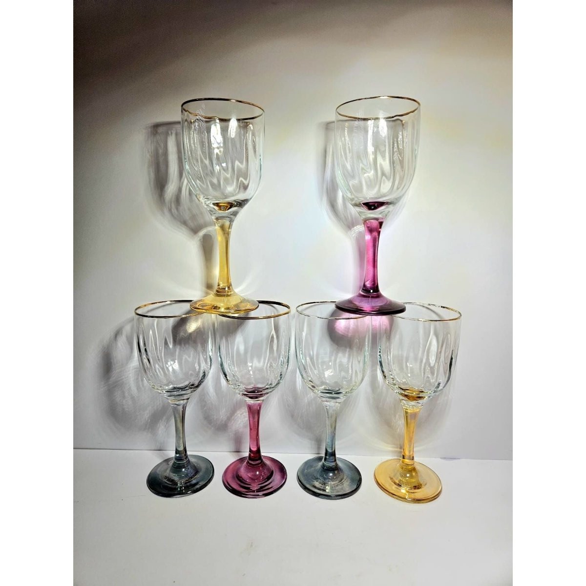 Optic Ribbed Wine Glasses with gold rims and colored Stems, Set of 6 | Bazaa | Designer, Vintage and Antique Furniture