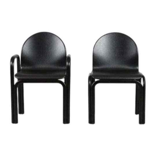 Gae Aulenti Original Dining Chairs, Black Leather, Powder-Coated Frames – Set of 6