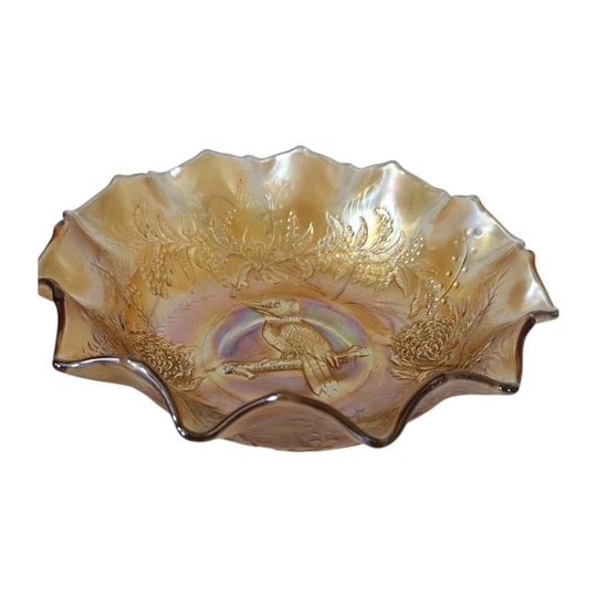 Crown Crystal Carnival glass master Bowl, Marigold Kookaburra