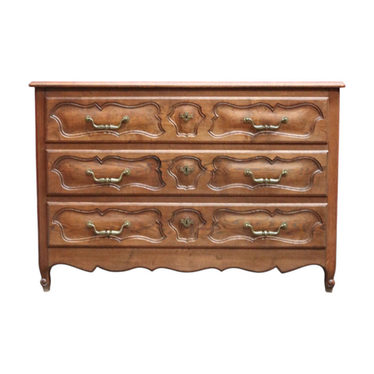 Antique French Oak Carved front 3 Three Drawer Chest of Bedroom Drawers Brass handles B12816