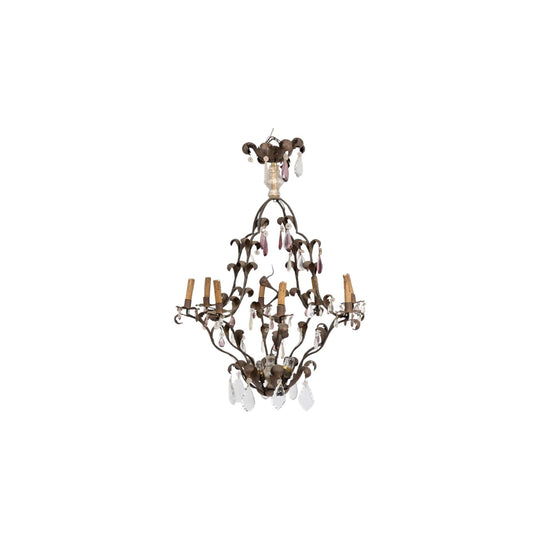 Impressive oversized Iron Chandelier with 8 Lights and purple and clear crystals -A French Masterpiece