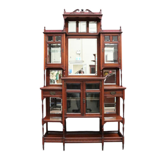 Antique English Edwardian Walnut Parlour China Display Cabinet with Mirrored Back, Circa 1890