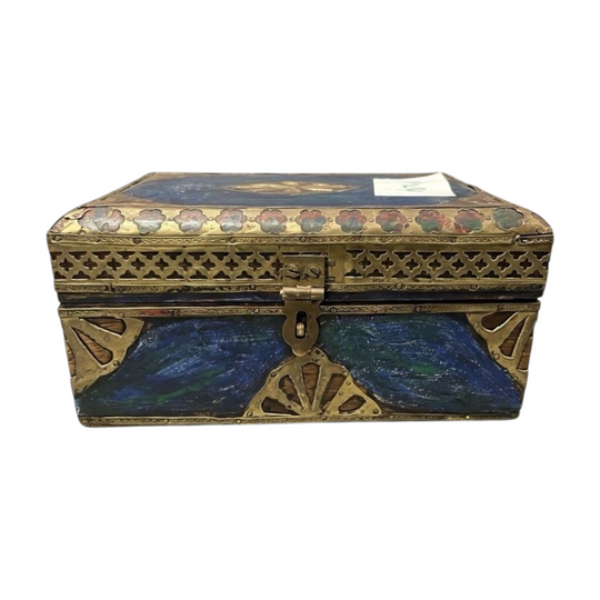 1424: Vintage Hand-Painted Brass & Wood Keepsake Jewellery Box