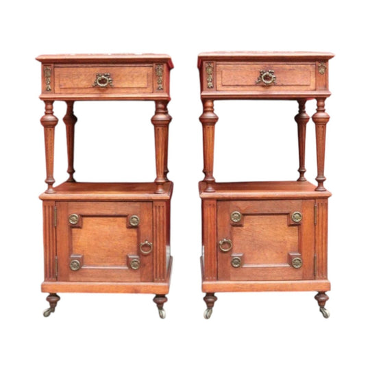 Pair antique French oak bedside cabinets with marble tops and gilt mounts. B12941