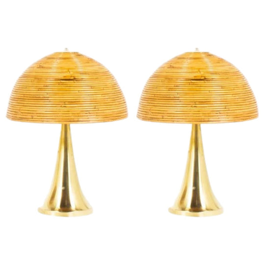 Pair Brass Trumpet Base Lamps with Rattan Dome Shades