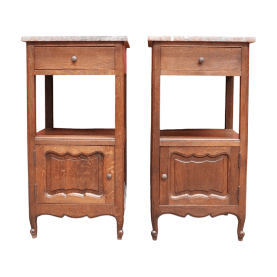 Pair French Oak and Marble Bedside Cabinets with Drawers and Cupboard. B12818