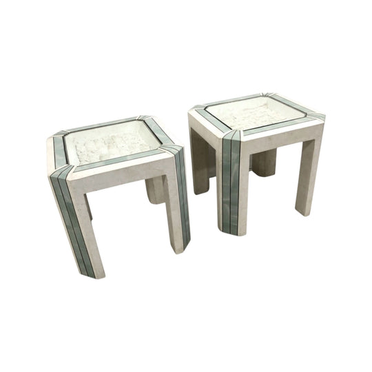 Pair Maitland Smith Tessallated Fossil Stone Clad Brass Side Tables