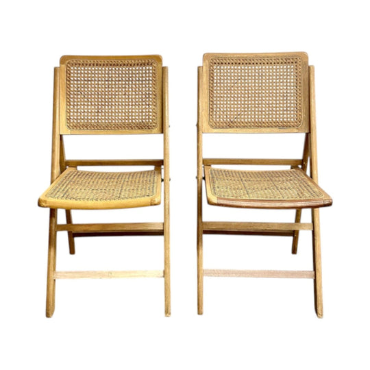 Pair Mid Century Folding Timber & Rattan Dining Chairs