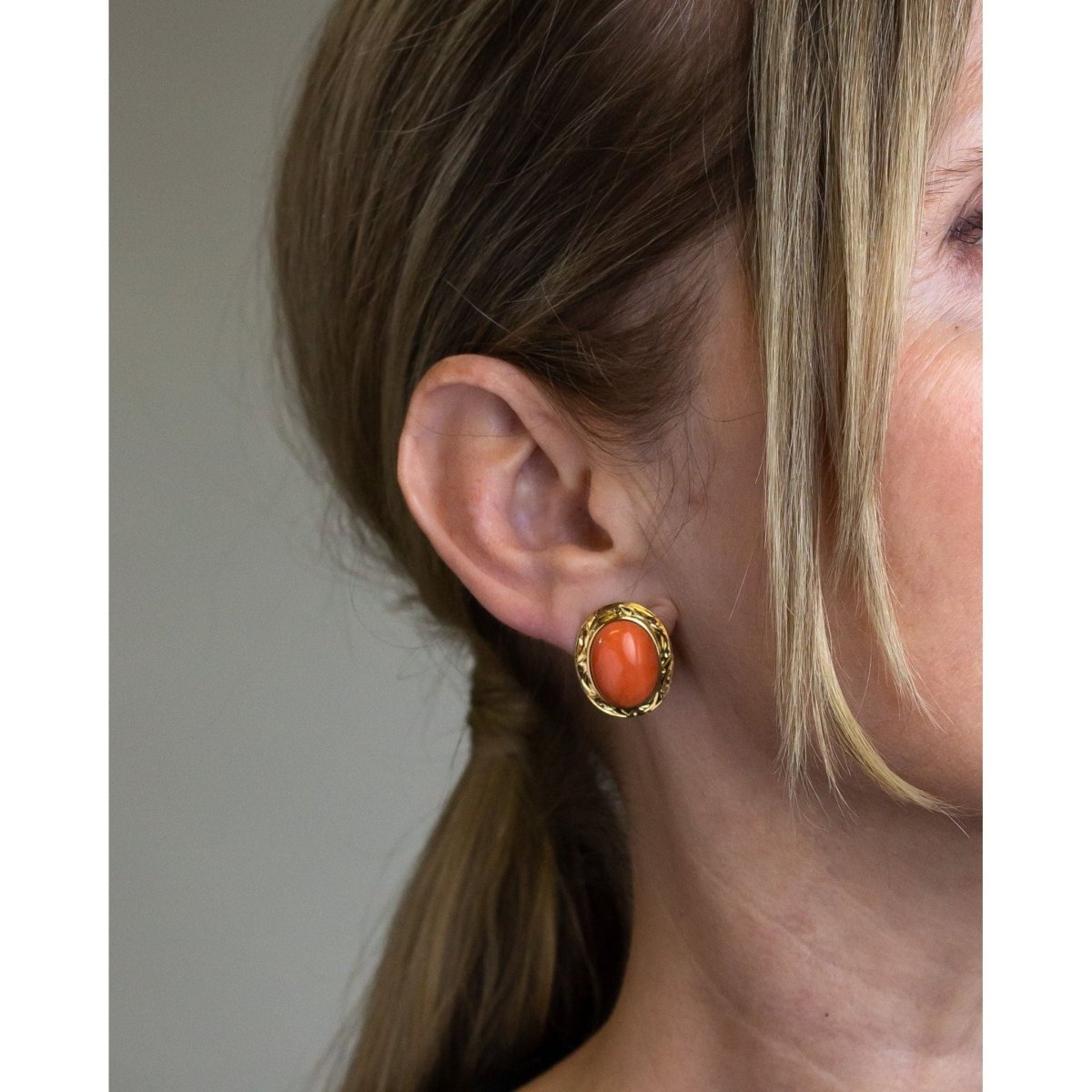 Pair of 14kt Gold & Cabochon Coral Earrings | Bazaa | Designer, Vintage and Antique Furniture