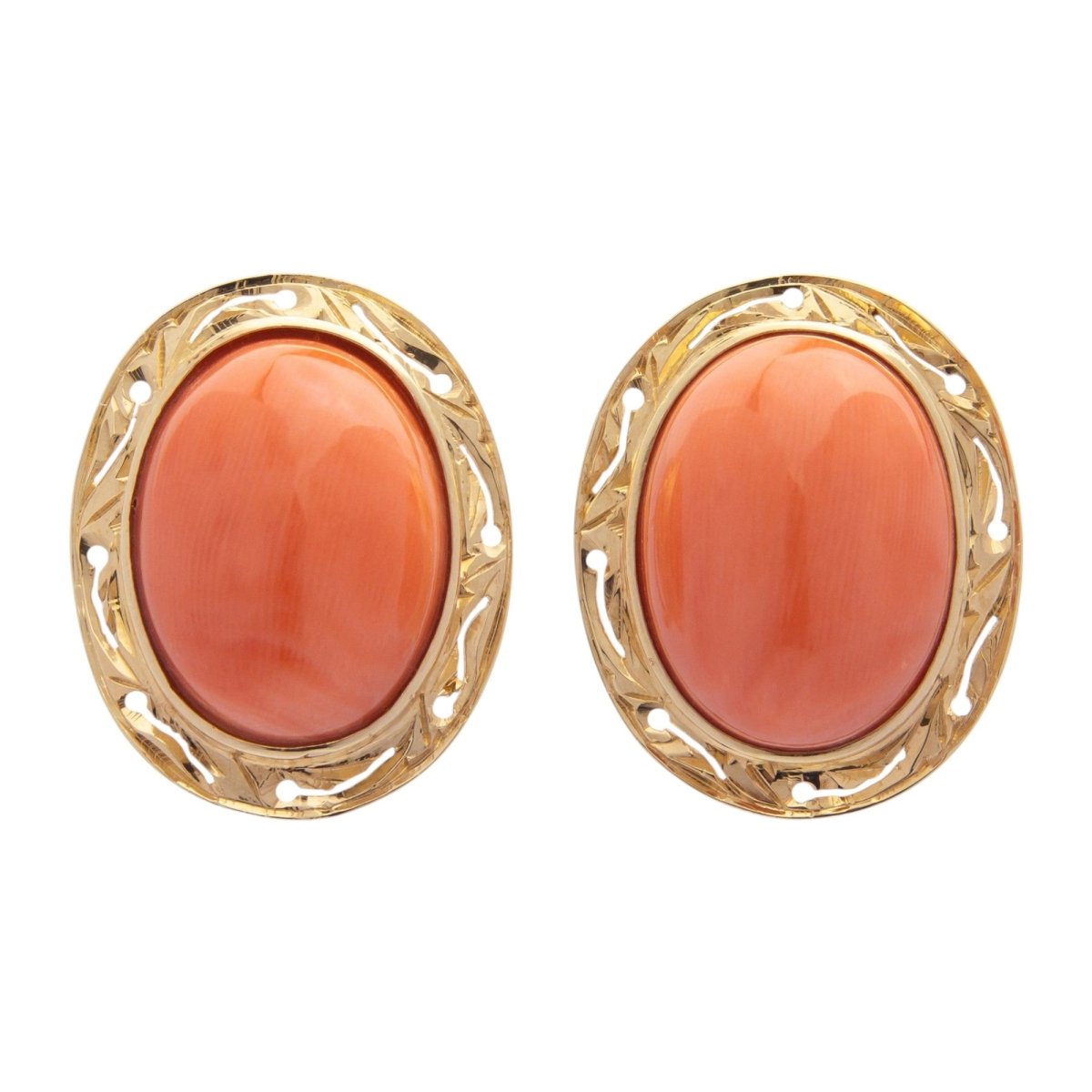 Pair of 14kt Gold & Cabochon Coral Earrings | Bazaa | Designer, Vintage and Antique Furniture