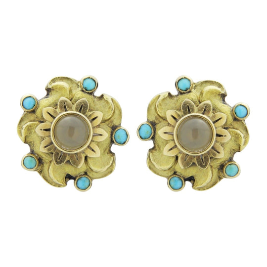 Pair of 18kt Gold, Agate, and Turquoise Stud Earrings