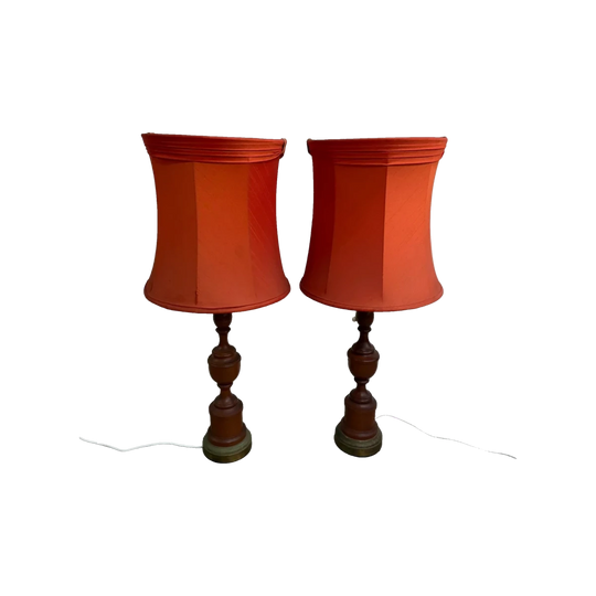Pair of 1960's Mid Century Turned Teak Table Lamps Original Shades*