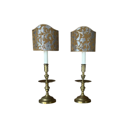 Pair of Antique 19th Century Brass Candlestick Lamps with Italian Made Shield Shades
