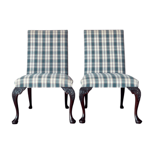 Pair of Antique Carved Timber Queen Anne Chairs with Tartan Upholstery