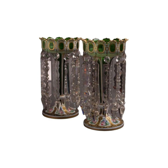 Pair of Antique Czech mid 19th century Victorian period Moser Glass Lustre Vases.
