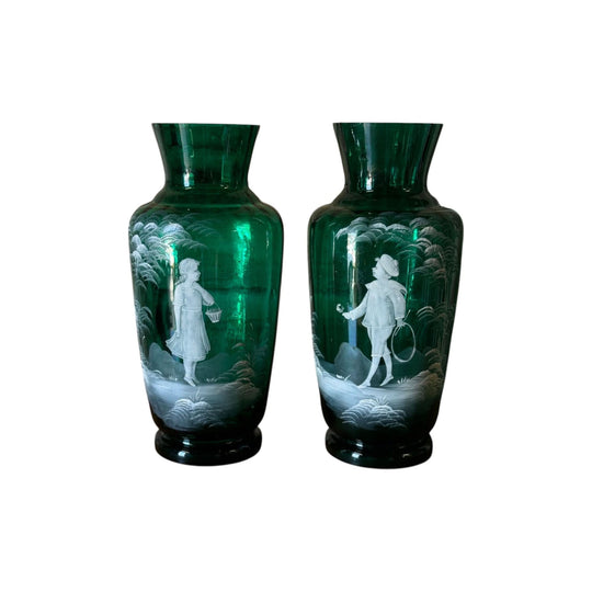 Pair of Antique Emerald Green Mary Gregory Glass Vases, Late 19th Century