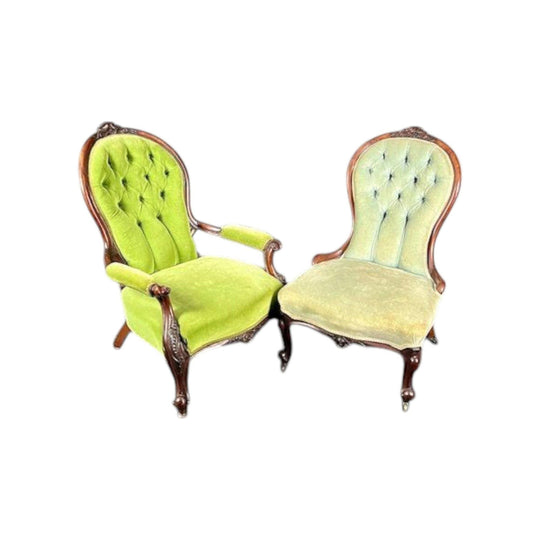 Pair of antique English mid 19th century circa 1850 Walnut ladies and gentlemans Chairs