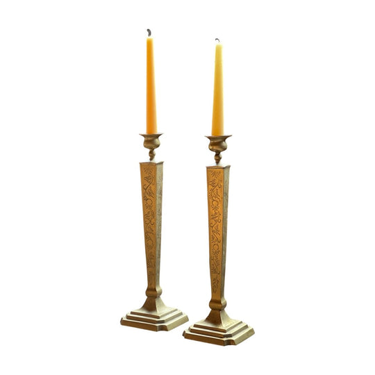 pair of antique etched brass candlesticks