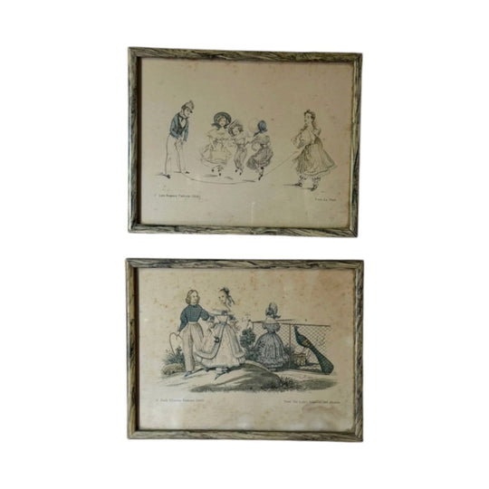 Pair of Antique Framed Bookplates featuring Fashion Illustrations