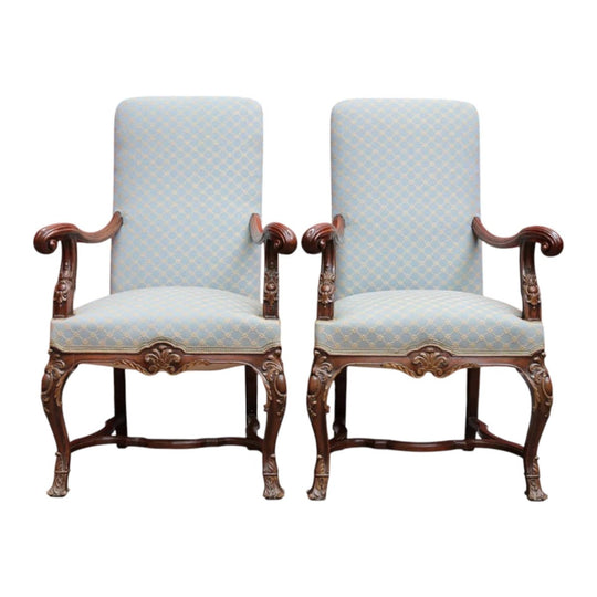 Pair of Antique French Carved Walnut Armchairs with Duck Egg Blue Upholstery, c.1910