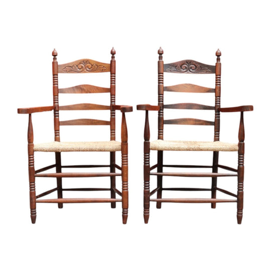 Pair of Antique French Carver Chairs with Rush Seats and Carved Ladder Backs