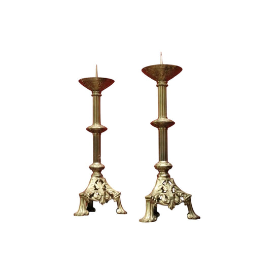 Pair of Antique French Gothic Solid Brass Church Candlestick Holders. B12319