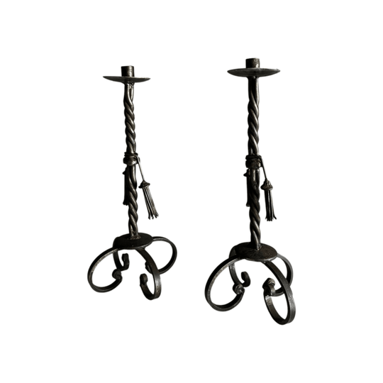 PAIR OF ANTIQUE FRENCH HAND-FORGED WROUGHT IRON CANDLESTICKS c.1910