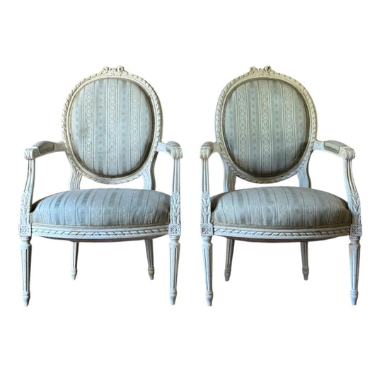 Pair of Antique French Louis XVI Painted Fauteuils with Oval Backs and Fluted Legs, Grey and Ivory Stripe Upholstery