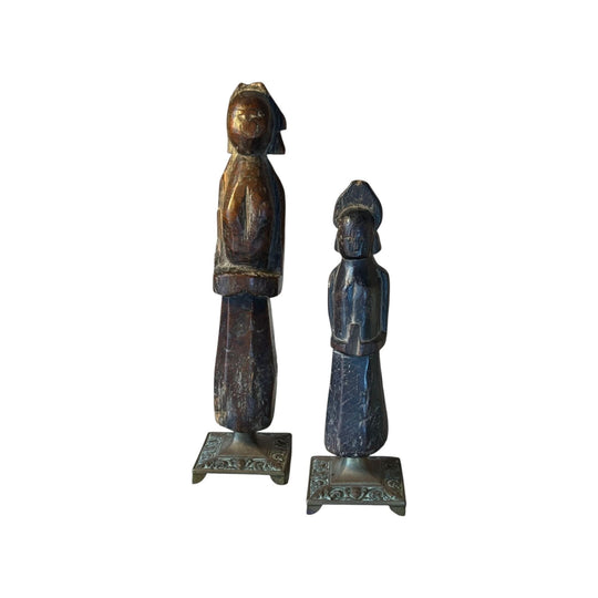 Pair of Antique Indian Carved Timber Dolls on Brass Bases